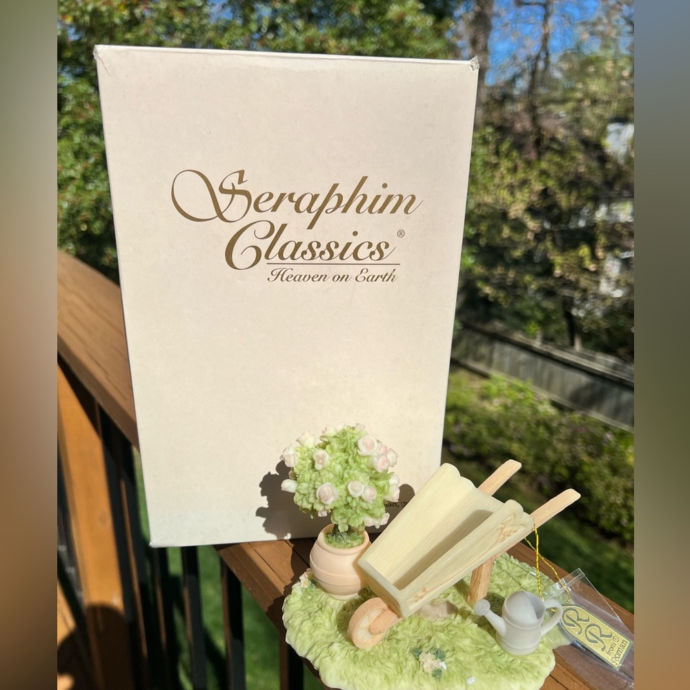 Rare, 1999 Seraphim Classics Rose Bush, Wheelbarrow, Water Can